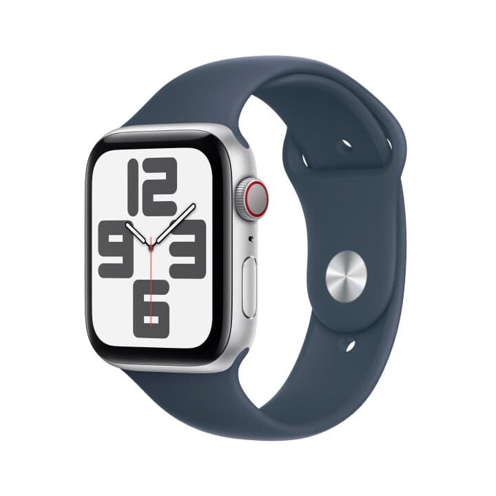 애플워치 SE GPS+Cellular 44mm 실버 알루미늄 케이스, 스톰블루 스포츠밴드 - M/L (MRHJ3KH/A)