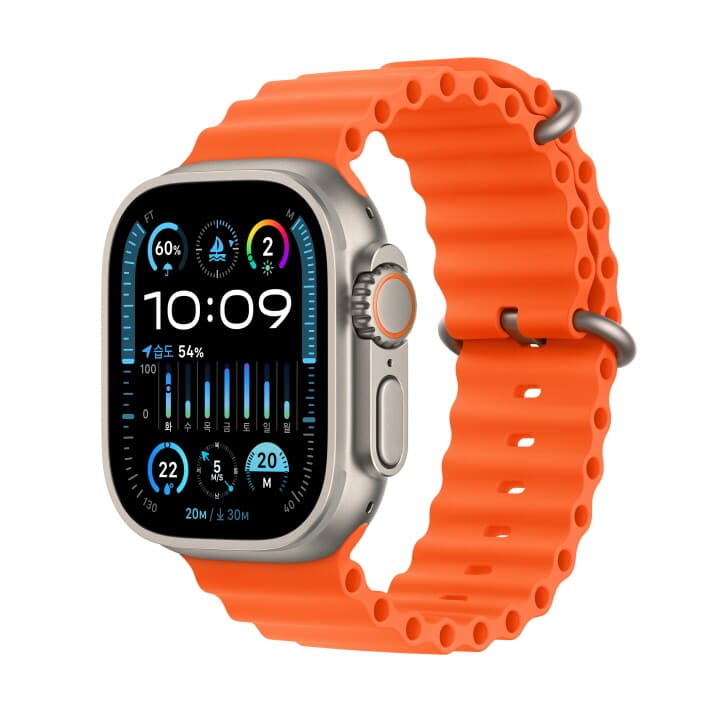 애플워치 울트라 2 GPS+Cellular 49mm 티타늄 케이스, 오렌지 오션 밴드 (MREH3KH/A)