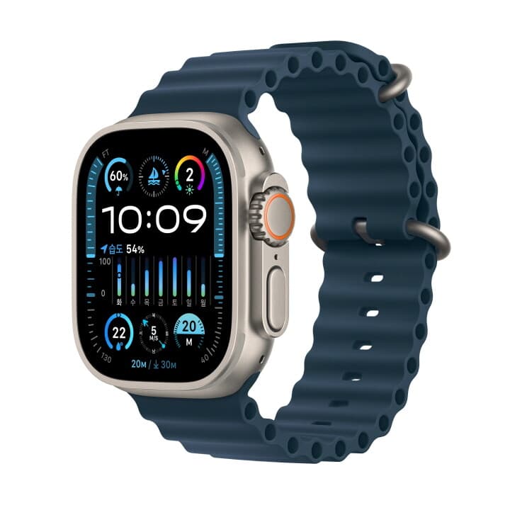 애플워치 울트라 2 GPS+Cellular 49mm 티타늄 케이스, 블루 오션 밴드 (MREG3KH/A)
