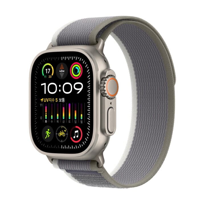 애플워치 울트라 2 GPS+Cellular 49mm 티타늄 케이스, 그린/그레이 트레일 루프 - S/M (MRF33KH/A)