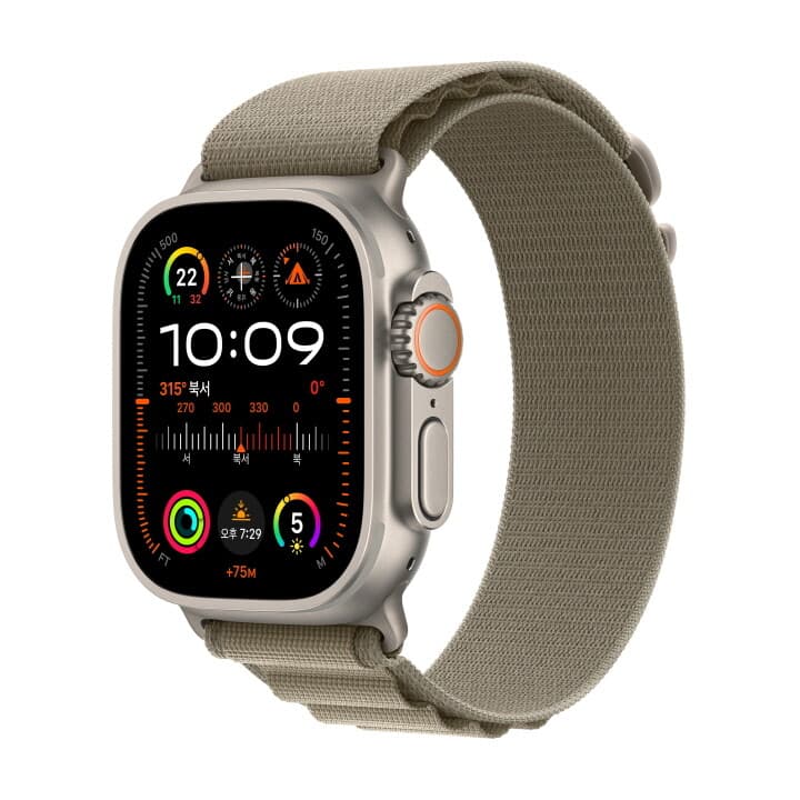 애플워치 울트라 2 GPS+Cellular 49mm 티타늄 케이스, 올리브 알파인 루프 - S (MREX3KH/A)
