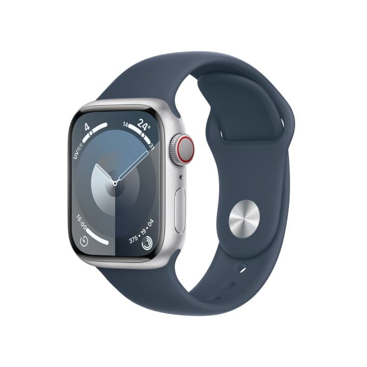 애플워치 9 GPS+Cellular 41mm 실버 알루미늄 케이스, 스톰 블루 스포츠 밴드 - M/L (MRHW3KH/A)