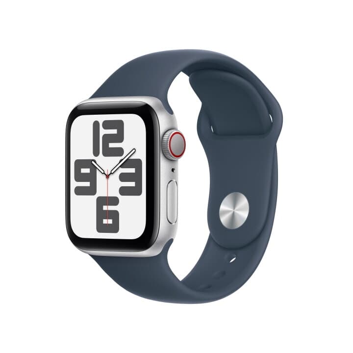 애플워치 SE GPS+Cellular 40mm 실버 알루미늄 케이스, 스톰 블루 스포츠 밴드 - M/L (MRGM3KH/A)
