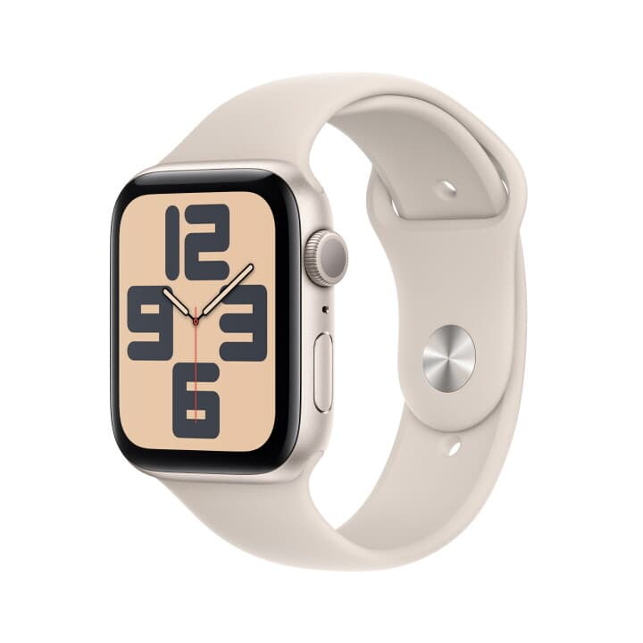 애플워치 SE GPS 44mm 스타라이트 알루미늄 케이스, 스타라이트 스포츠 밴드 - S/M (MRE43KH/A)