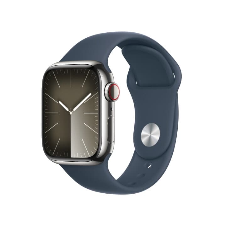 애플워치 9 GPS+Cellular 41mm 실버 스테인리스 스틸 케이스, 스톰 블루 스포츠 밴드 - S/M (MRJ23KH/A)