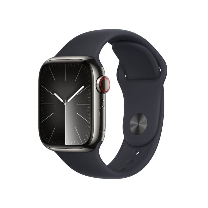 애플워치 9 GPS+Cellular 41mm 그래파이트 스테인리스 스틸 케이스, 미드나이트 스포츠 밴드 - S/M (MRJ83KH/A)