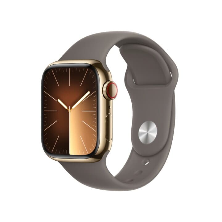 애플워치 9 GPS+Cellular 41mm 골드 스테인리스 스틸 케이스, 클레이 스포츠 밴드 - M/L (MRJ63KH/A)