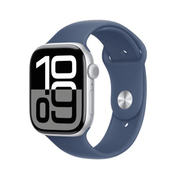 애플워치 10 셀룰러 46mm 실버 알루미늄 케이스, 그리고 데님 스포츠 밴드 - S/M (MWY03KH/A)