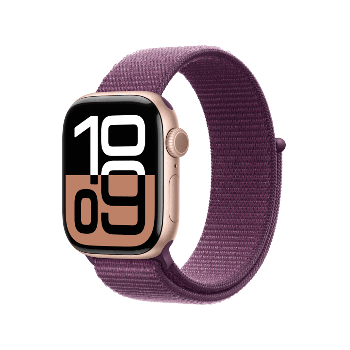 애플워치 10 셀룰러 42mm 로즈 골드 알루미늄 케이스, 플럼 스포츠 루프 (MWXC3KH/A)