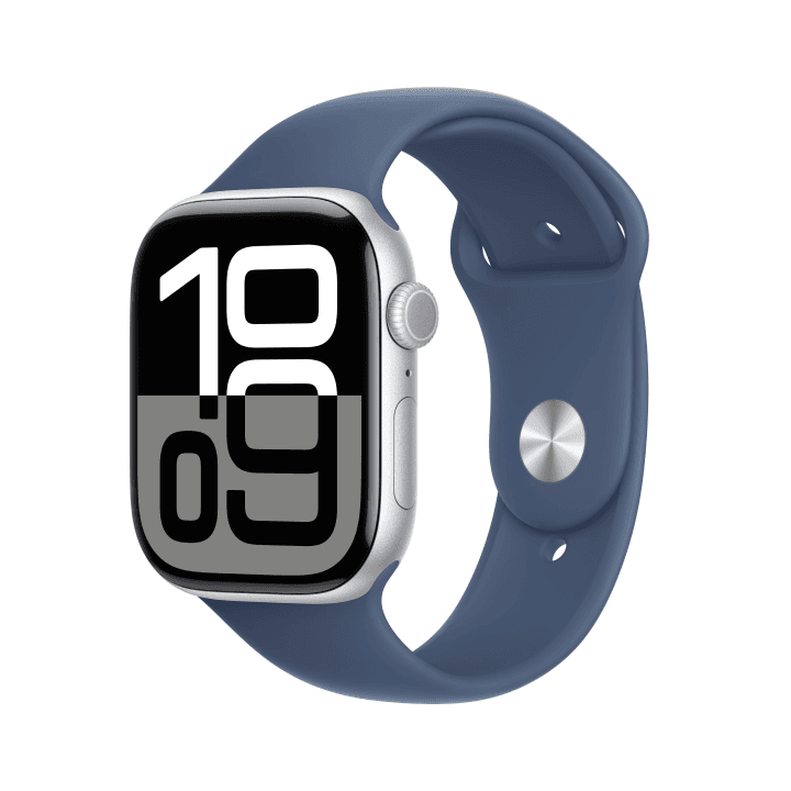 애플워치 10 셀룰러 46mm 실버 알루미늄 케이스, 그리고 데님 스포츠 밴드 - M/L (MWY13KH/A)