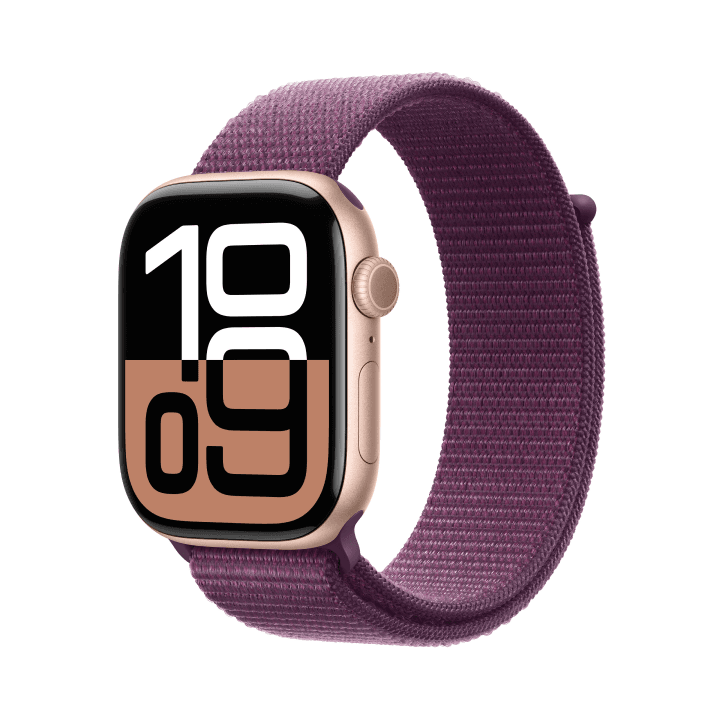 애플워치 10 셀룰러 46mm 로즈 골드 알루미늄 케이스, 플럼 스포츠 루프 (MWY83KH/A)
