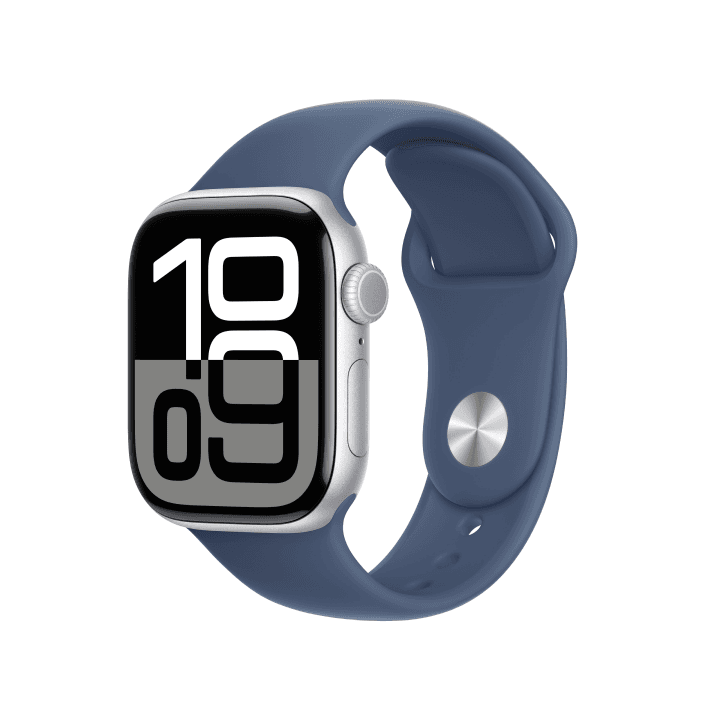 애플워치 10 GPS 42mm 실버 알루미늄 케이스, 데님 스포츠 밴드 - S/M (MWWA3KH/A)