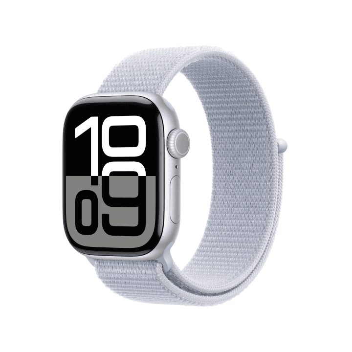 애플워치 10 GPS 42mm 실버 알루미늄 케이스, 블루 클라우드 스포츠 루프 (MWWD3KH/A)