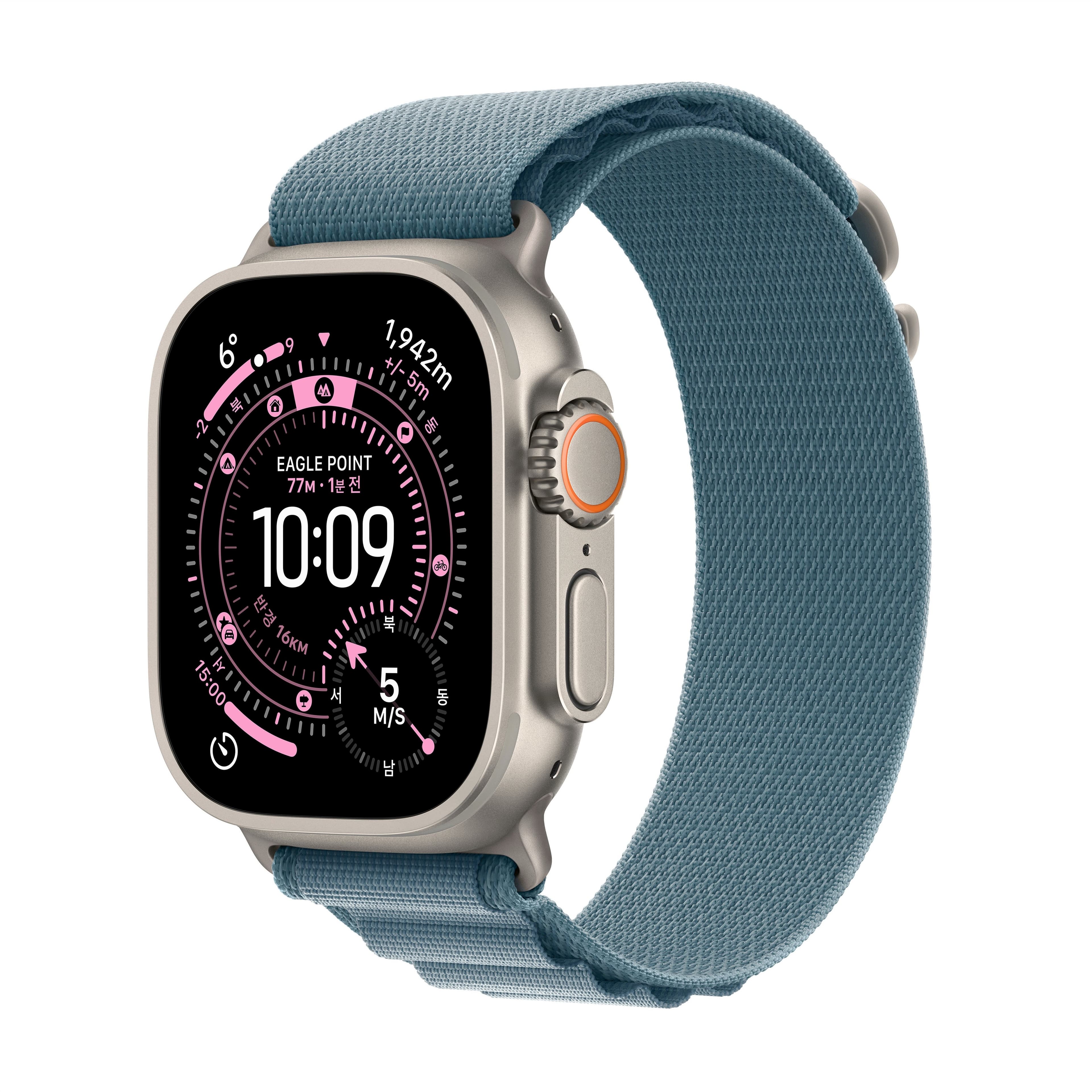 애플워치 울트라 3 49mm 내추럴 티타늄, 라이트 블루 알파인 루프 (S) (MEWK4KH/A)