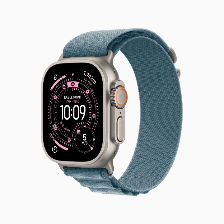 애플워치 울트라 3 49mm 내추럴 티타늄, 라이트 블루 알파인 루프 (S) (MEWK4KH/A)