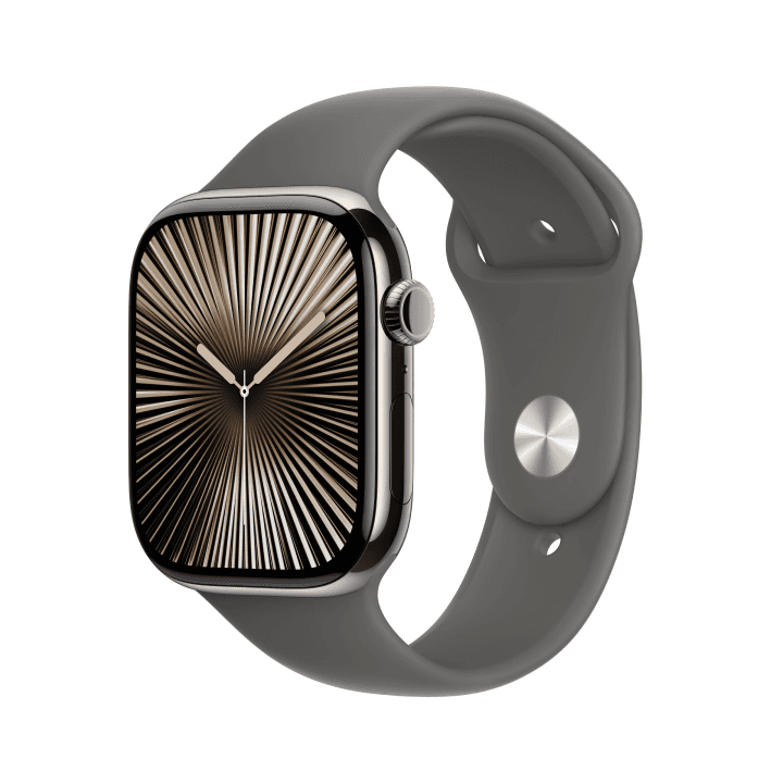 애플워치 10 셀룰러 46mm 내추럴 티타늄 케이스, 스톤 그레이 스포츠 밴드 - M/L (MWYA3KH/A)