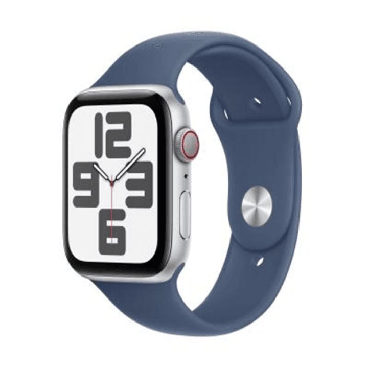 애플워치 SE 2024년형 셀룰러 44mm 실버 알루미늄, 데님 스포츠 밴드 - M/L (MXGQ3KH/A)