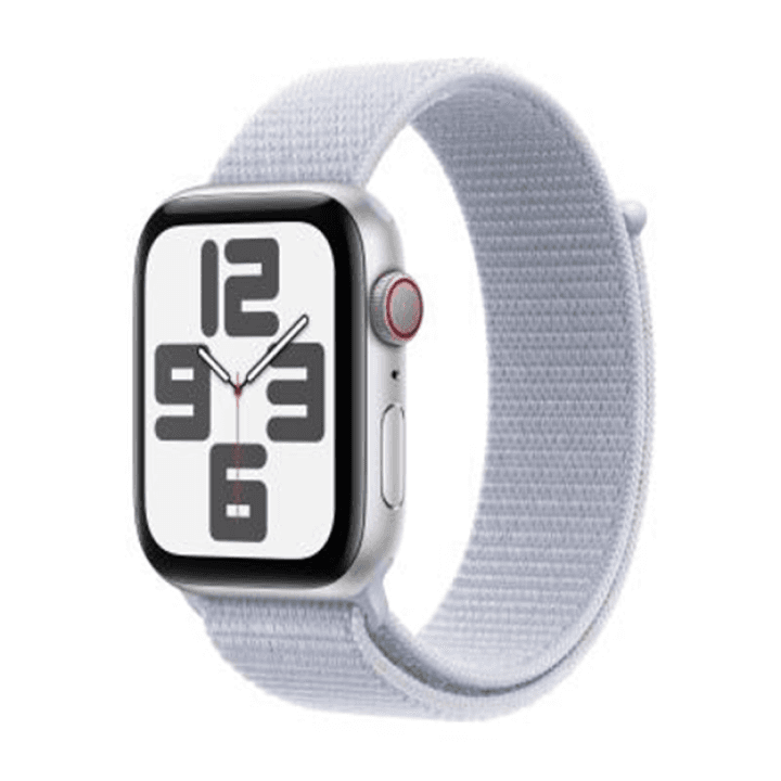 애플워치 SE 2024년형 셀룰러 44mm 실버 알루미늄, 블루 클라우드 스포츠 루프 (MXGR3KH/A)