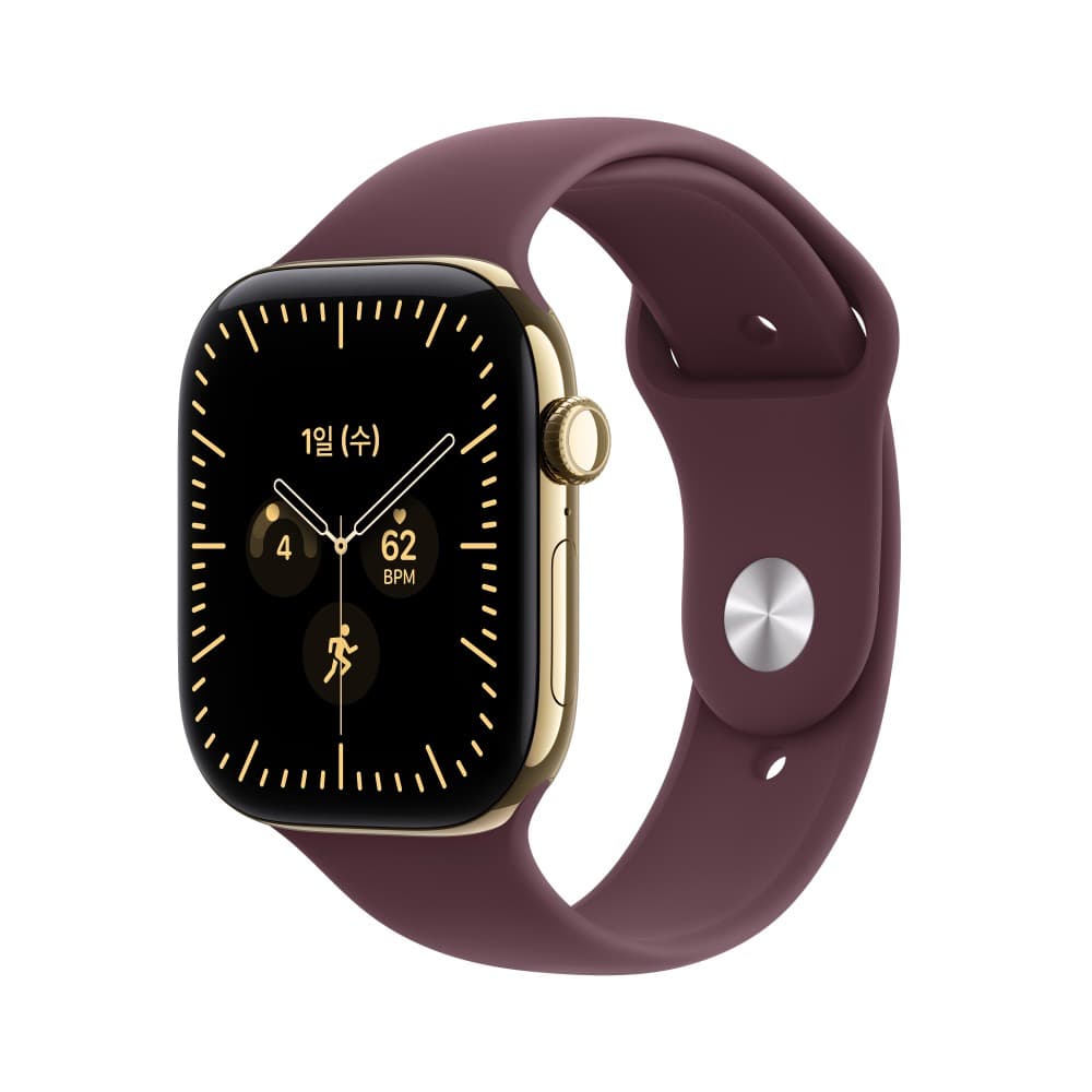 애플워치 12 2026년형 셀룰러 46mm 래디언트 골드 티타늄, 버건디 스포츠 밴드 (S/M) (MJGR4KH/A)