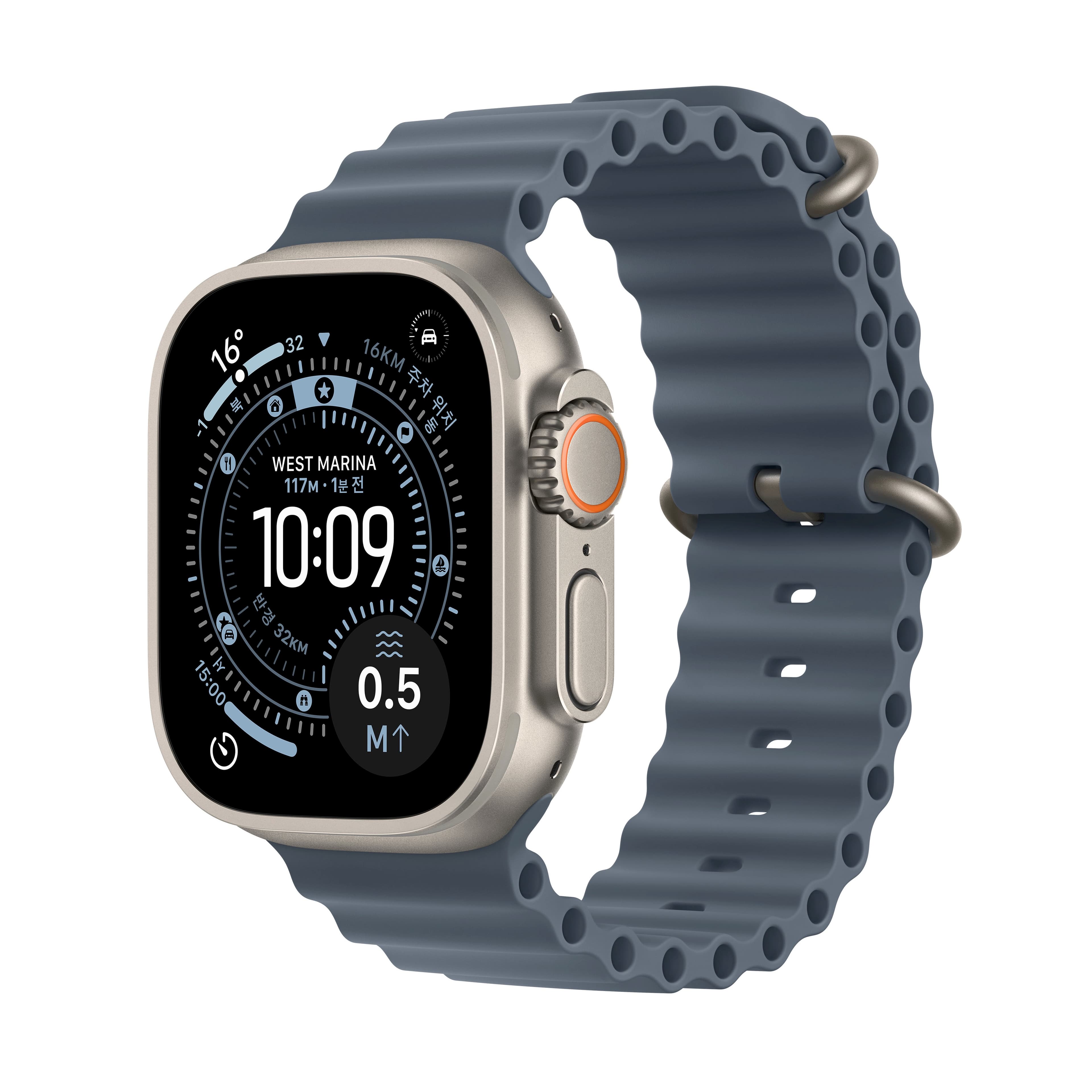 애플워치 울트라 3 49mm 내추럴 티타늄, 앵커 블루 오션 밴드 (MEWH4KH/A)