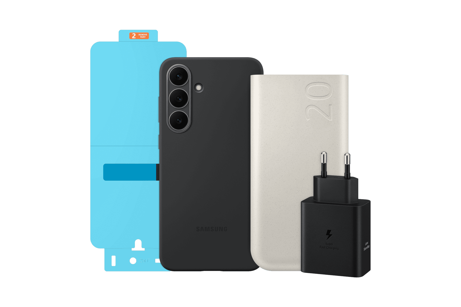 갤럭시 S25 FE 실리콘 케이스 (블랙) + 갤럭시 S25 FE AR 필름 + PD 배터리팩 20,000mAh (45W) + 50W 듀얼 PD 충전기 (USB C to C 케이블 포함) (EF-PS731CBCGKR)