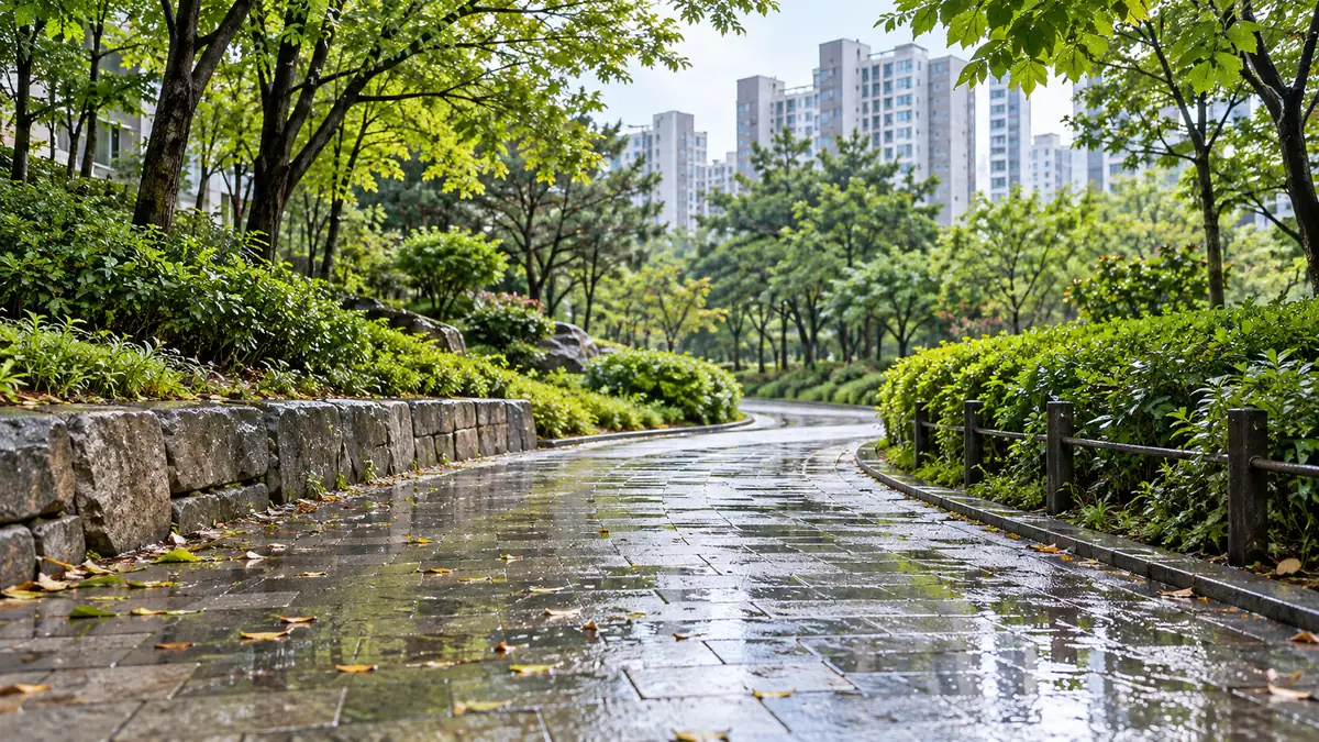 비 갠 뒤 젖은 산책로와 나뭇잎