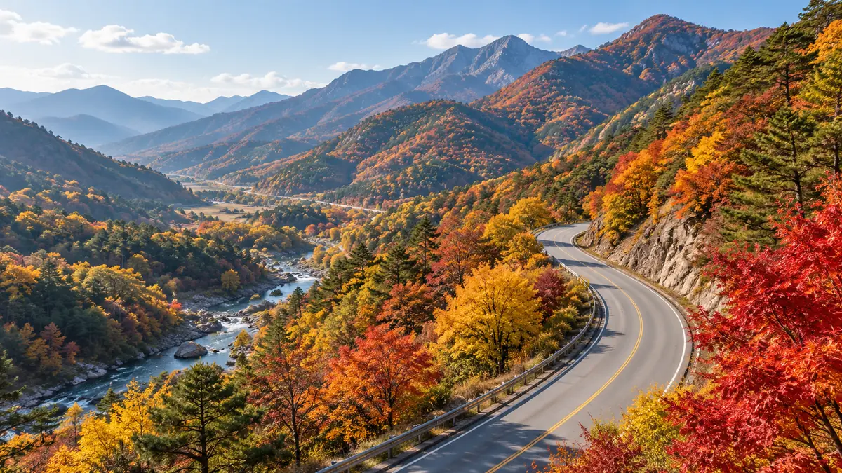 가을 단풍이 든 한적한 산길 도로 풍경