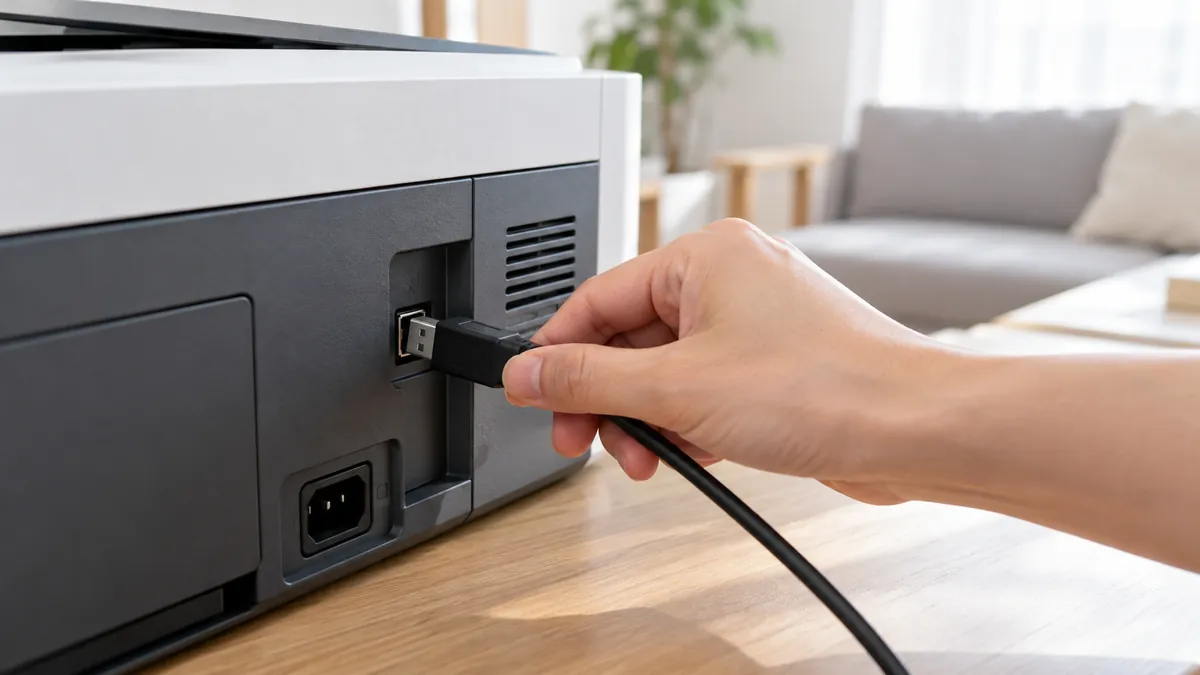 USB 케이블로 프린터를 컴퓨터에 연결하는 손
