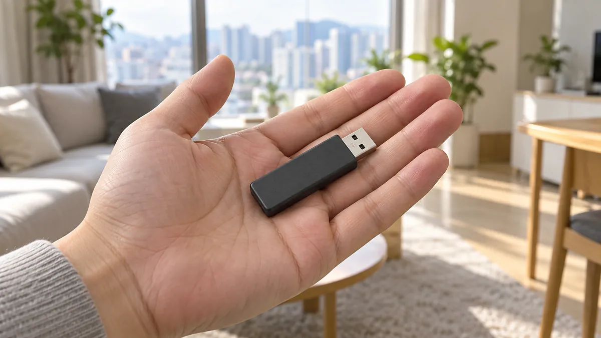 손에 쥔 무지 USB 메모리
