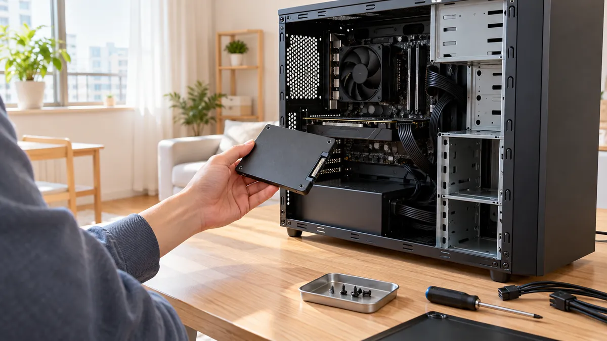 PC 부품을 바꾸기 전 데스크톱 케이스를 열어 둔 작업 책상
