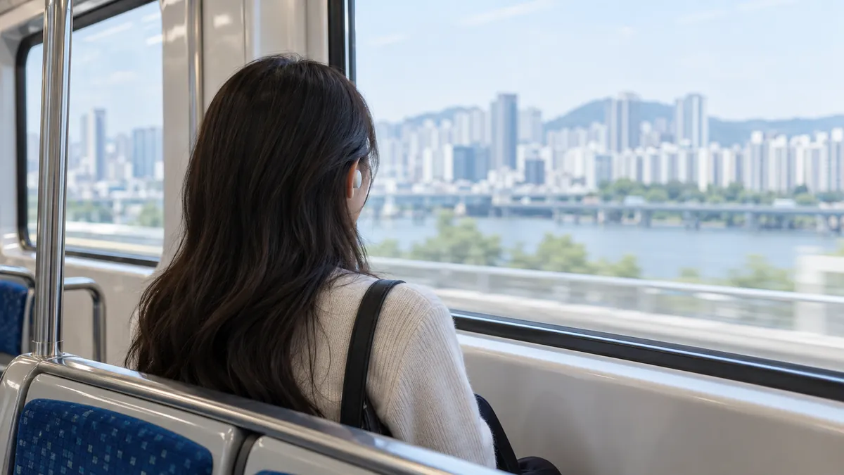 지하철에서 노이즈 캔슬링 무선이어폰을 끼고 창밖을 보는 뒷모습